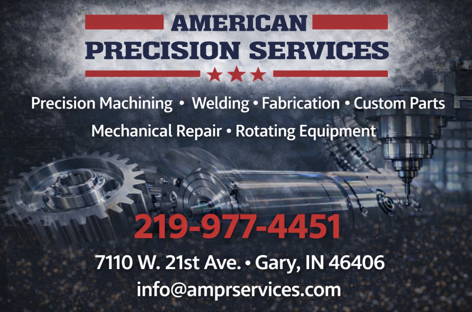 Full American Precision Services LED board creative showing precision machining, welding, fabrication, and contact details