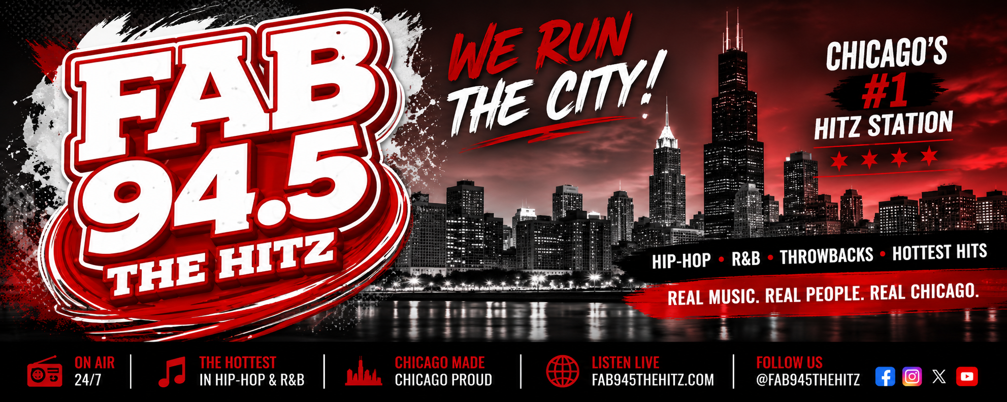 Full FAB 94.5 The Hitz LED board creative with Chicago skyline and station details