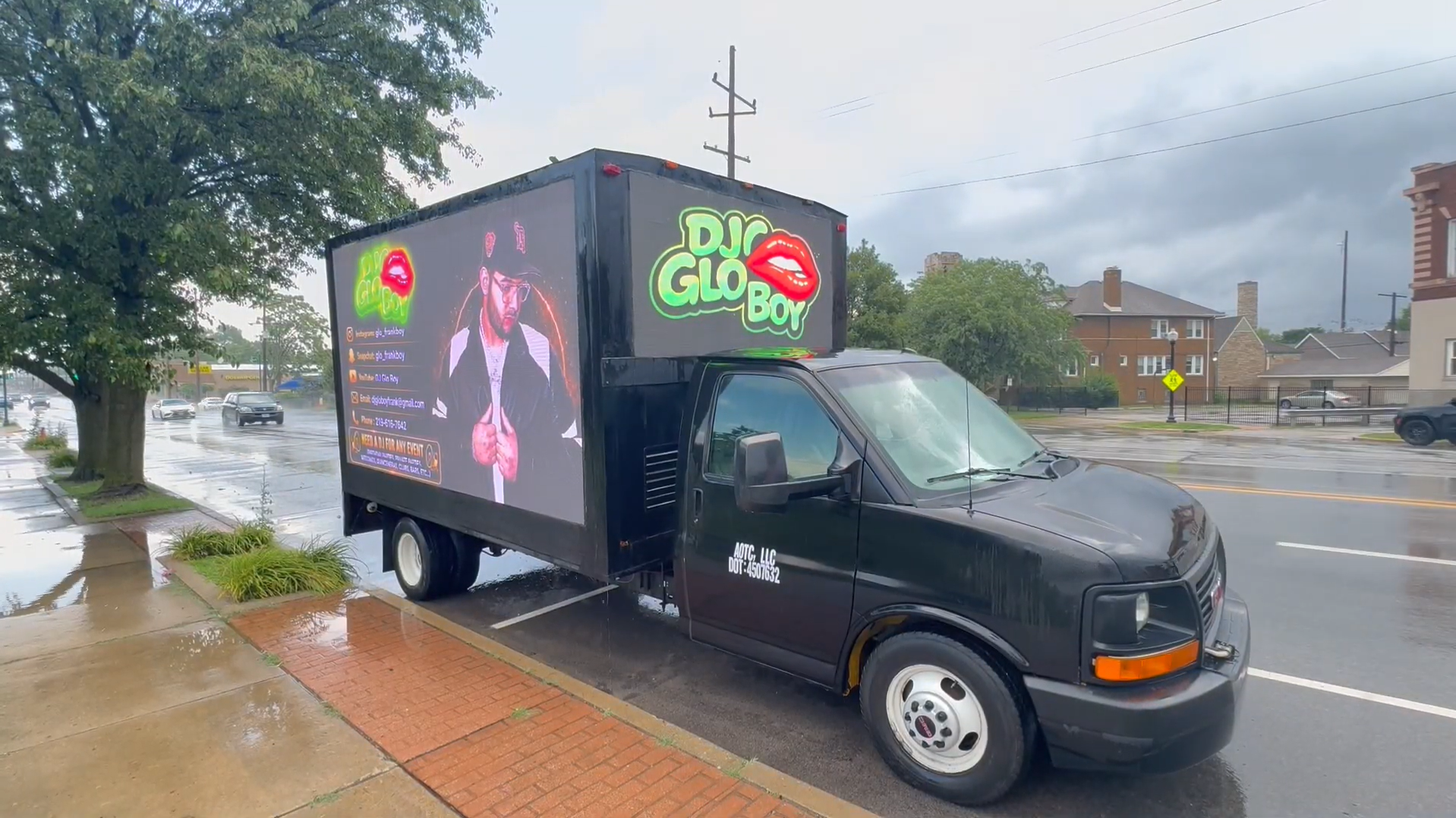 DJ GloBoy booking card with social handles, email, phone number, and event types