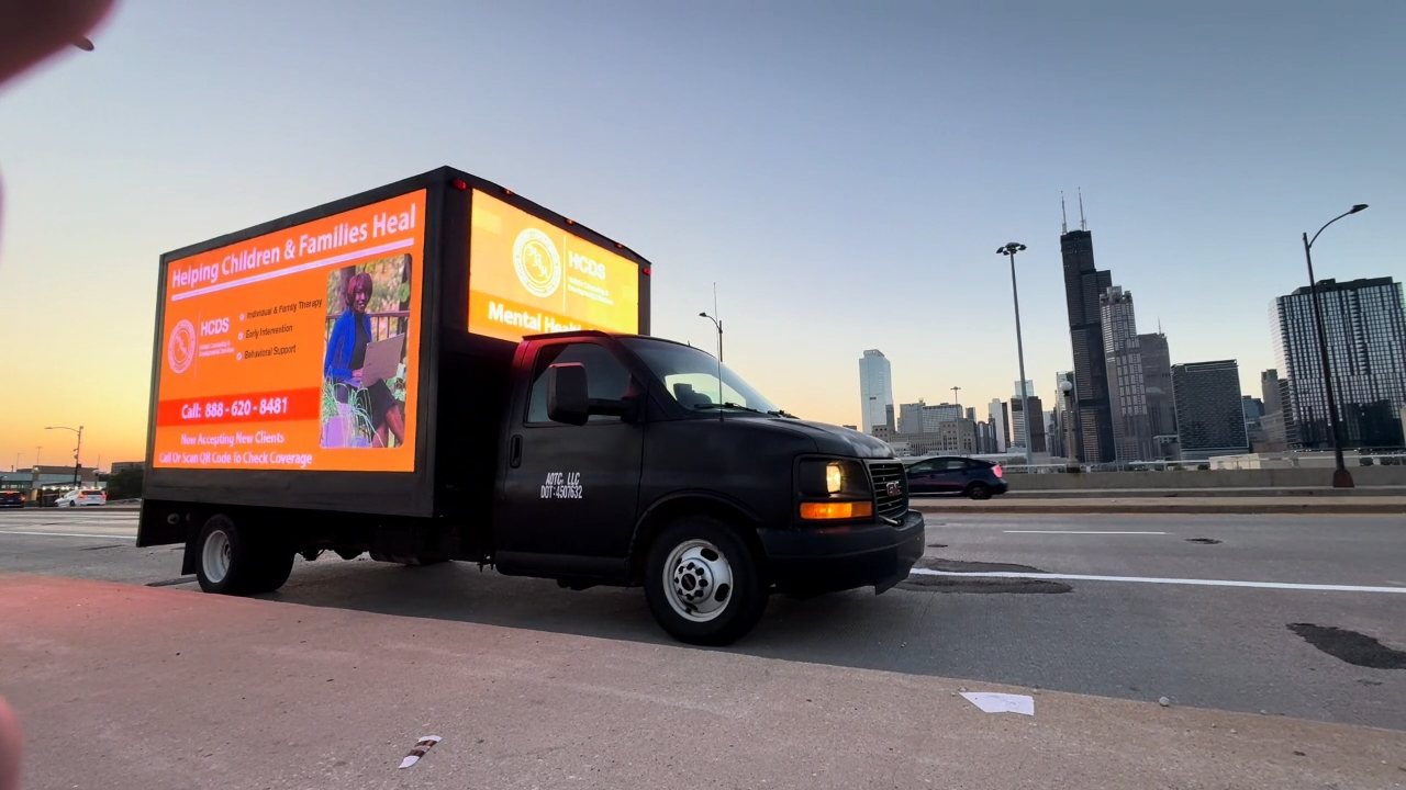 Night route footage — HCDS campaign on the AOTC LED truck, Chicago
