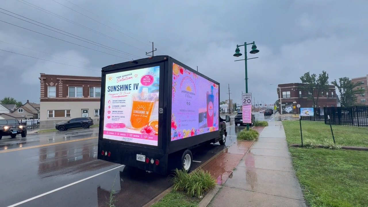 AOTC mobile LED billboard truck running the Lakefront Nutrition & Fitness campaign on a Hammond, Indiana street