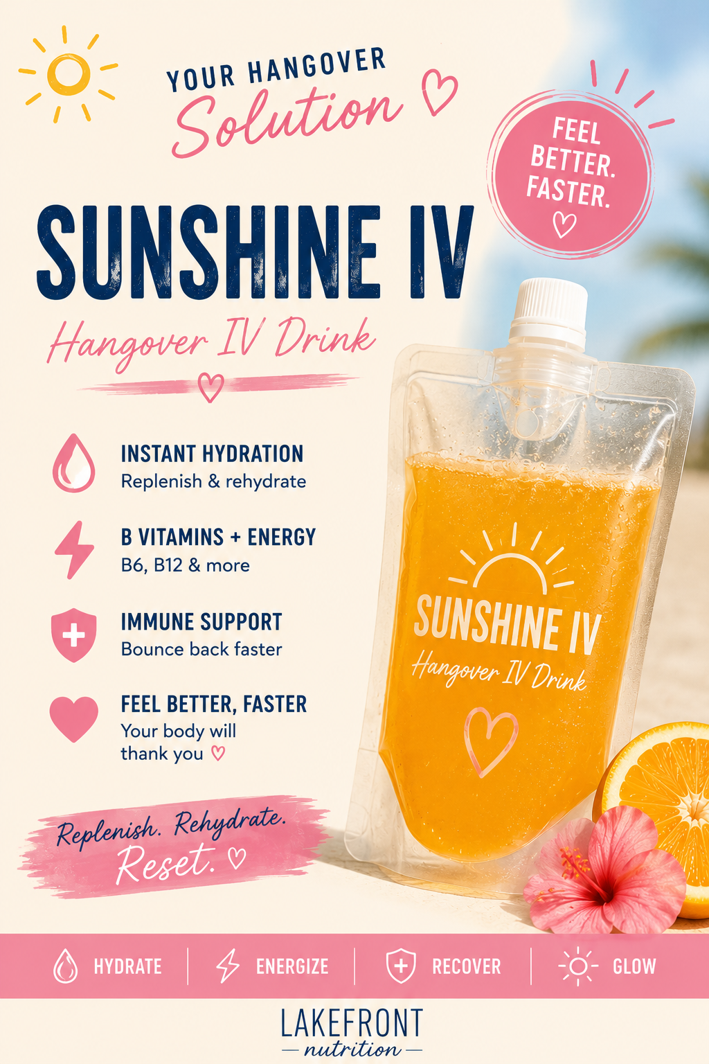 Sunshine IV hangover IV drink creative for Lakefront Nutrition festival promotion