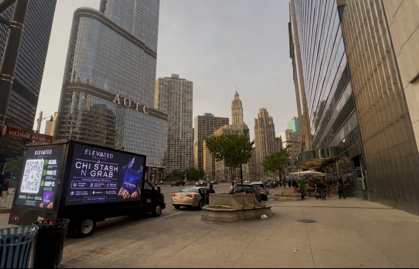 Elevated Exotics campaign on Wacker Drive with AOTC tower in skyline