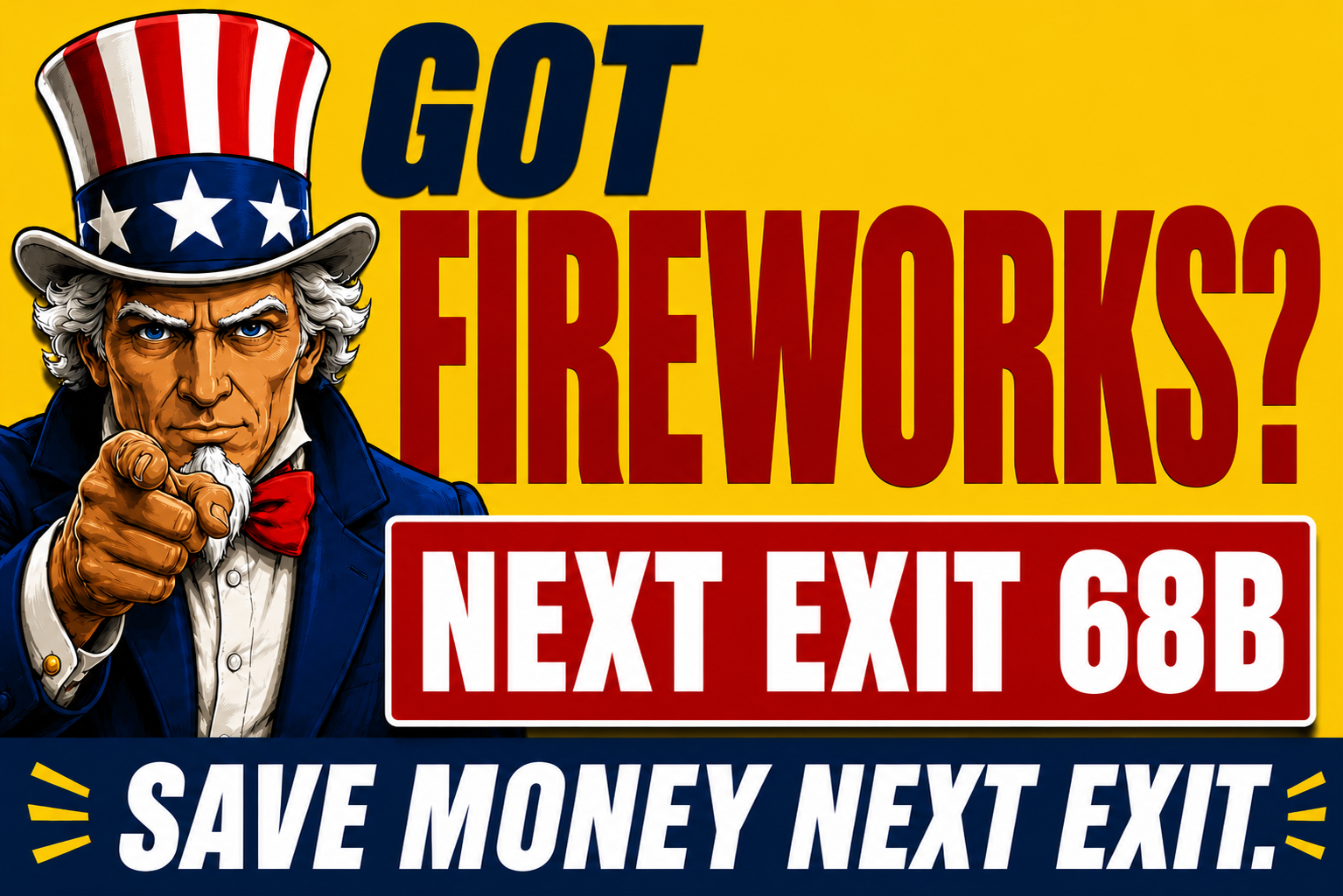 Uncle Sam's Fireworks LED panel: Got Fireworks? Next Exit 68B, Save Money Next Exit.