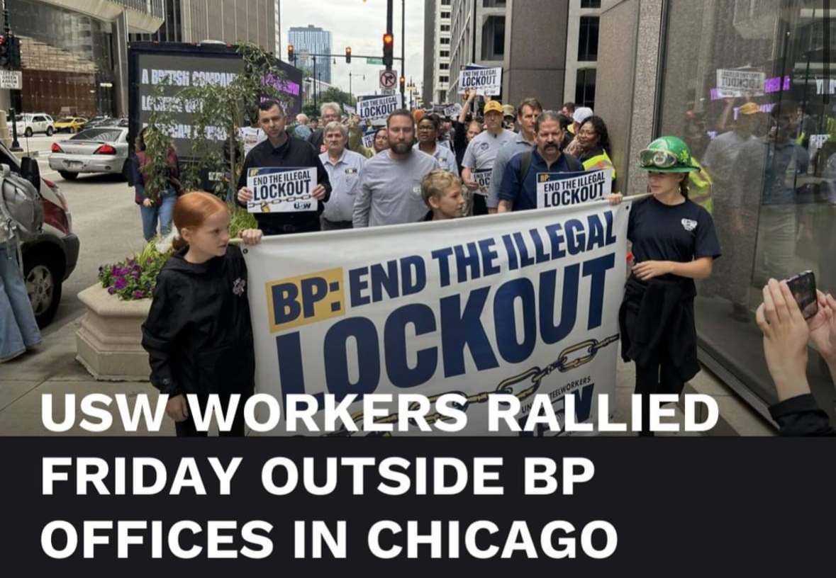 News coverage screenshot: USW workers rallied Friday outside BP offices in Chicago