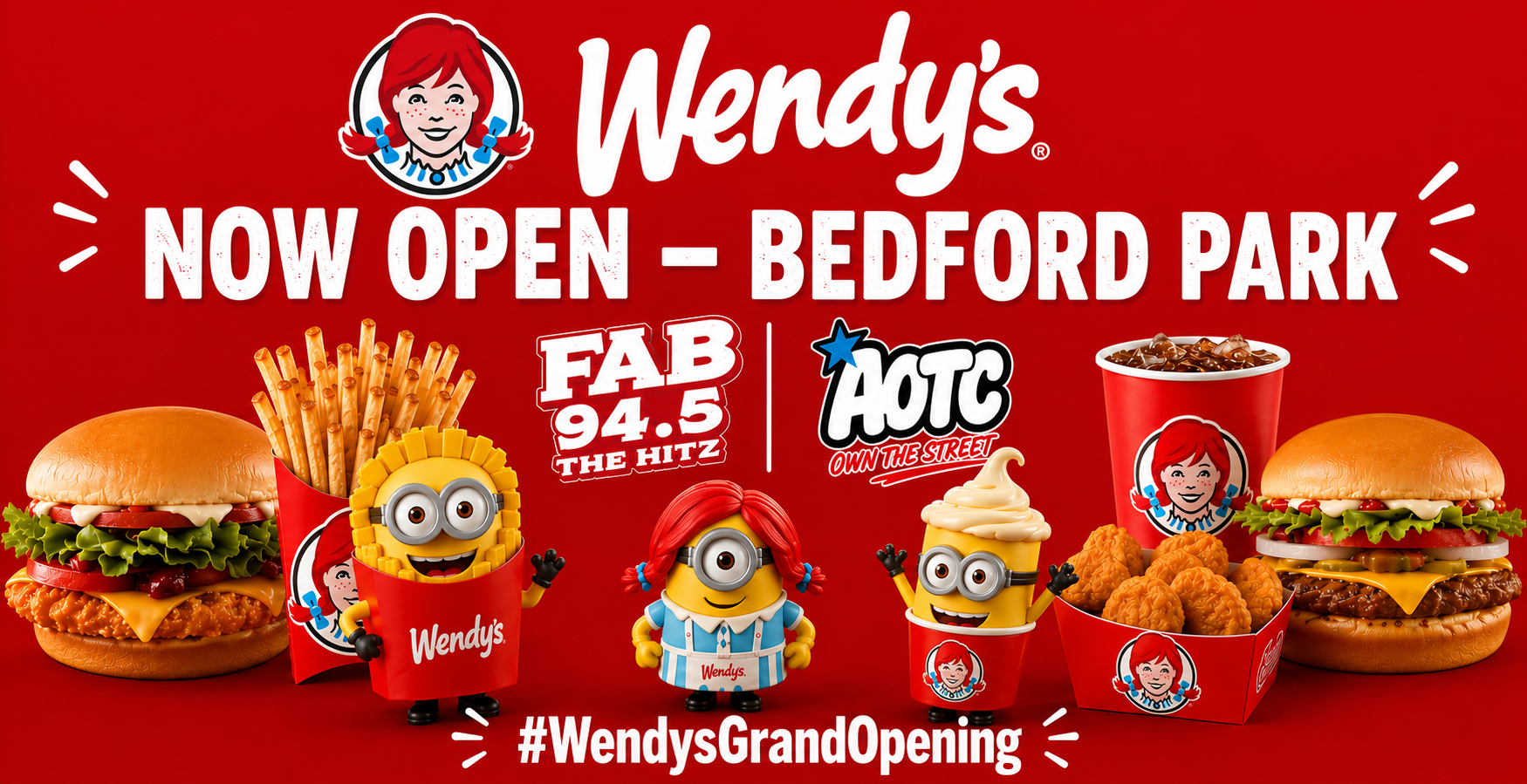 Full Wendy's grand opening LED board creative with FAB 94.5 and AOTC co-branding