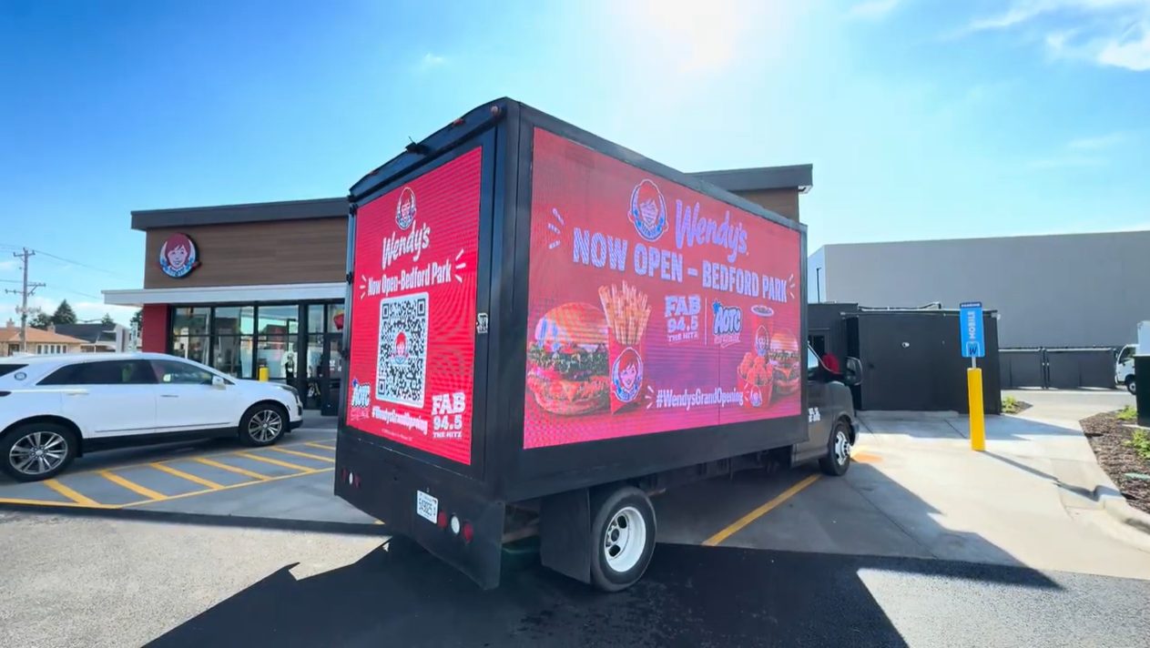 AOTC mobile LED billboard truck promoting the Wendy's grand opening in Bedford Park